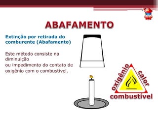 Extinção por retirada do
comburente (Abafamento)
Este método consiste na
diminuição
ou impedimento do contato de
oxigênio com o combustível.
 