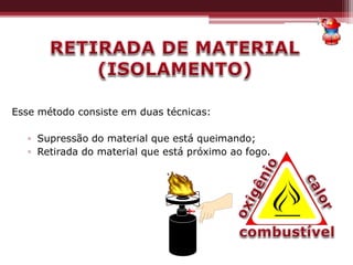 Esse método consiste em duas técnicas:
▫ Supressão do material que está queimando;
▫ Retirada do material que está próximo ao fogo.
 