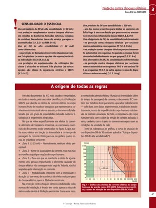 © Copyright - Revista Eletricidade Moderna
67
3
Guia EM da NBR5410
Proteção contra choques elétricos
Um dos documentos da IEC mais citados e respeitados,
em todo o mundo, pelo seu valor científico, é a Publicação
60479, que aborda os efeitos da corrente elétrica no corpo
humano.Fruto de estudos e pesquisas que representam o co-
nhecimento mais atual sobre o assunto,o documento foi ela-
borado por um grupo de especialistas incluindo médicos, fi-
siologistas e engenheiros eletricistas.
No que se refere especificamente aos efeitos da corren-
te alternada de freqüência industrial, as conclusões essen-
ciais do documento estão sintetizadas na figura 1, que ava-
lia esses efeitos em função da intensidade e do tempo de
passagem da corrente. Distinguem-se, no gráfico, quatro zo-
nas, de gravidade crescente:
• Zona 1 (≤ 0,5 mA) – Normalmente, nenhum efeito per-
ceptível.
• Zona 2 – Sente-se a passagem da corrente,mas mas não
se manifesta qualquer reação do corpo humano.
• Zona 3 – Zona em que se manifesta o efeito de agarra-
mento: uma pessoa empunhando o elemento causador do
choque elétrico não consegue mais largá-lo.Todavia, não há
seqüelas após interrupção da corrente.
• Zona 4 – Probabilidade, crescente com a intensidade e
duração da cor-rente, de ocorrência do efeito mais perigoso
do choque elétrico, que é a fibrilação ventricular.
Na proteção contra choques elétricos estabelecida pelas
normas de instalação, é levado em conta apenas o risco de
eletrocussão devido à fibrilação ventricular. Como esse risco,
a exemplo dos demais efeitos,é função da intensidade (além
do tempo de passagem) da corrente, o documento IEC tam-
bém traz detalhes deste parâmetro, apurados indiretamente
— vale dizer, com dados experimentais, trabalhados estatis-
ticamente, acerca da impedância do corpo humano e da ten-
são de contato associada. De fato, a impedância do corpo
humano varia com o valor da tensão de contato aplicada. E
varia, também, com o trajeto da corrente no corpo e com as
condições de umidade da pele.
Note-se, sobreposta ao gráfico, a curva de atuação de
um dispositivo DR de 30 mA (ver apêndice “Por que disposi-
tivo DR de alta sensibilidade”).
Fig. 1 – Gráfico dos efeitos da corrente elétrica no corpo
humano, de acordo com a IEC 60479. Sobreposta ao gráfi-
co, a curva de atuação de um dispositivo DR de 30 mA
A origem de todas as regras
SENSIBILIDADE: O ESSENCIAL
Uso obrigatório de DR de alta sensibilidade (≤ 30 mA):
–na proteção complementar contra choques elétricos
em circuitos de banheiros, tomadas externas, tomadas
de cozinhas, lavanderias, áreas de serviço, garagens e
assemelhados [5.1.2.5.1 da NBR 5410].
Uso de DR de alta sensibilidade (≤ 30 mA)
como alternativa:
–na proteção de tomadas de corrente situadas no volu-
me 2 de piscinas (as outras opções são separação elétri-
ca individual e SELV) [9.2.4.3.2];
–na proteção de equipamentos de utilização (de
classe I) situados no volume 2 de piscinas (as outras
opções são classe II, separação elétrica e SELV)
[9.2.4.4.3].
Uso previsto de DR com sensibilidade ≤ 500 mA:
–um dos meios prescritos para limitar as correntes de
falta/fuga à terra em locais que processem ou armaze-
nem materiais inflamáveis (locais BE2) [5.8.2.2.10]
Uso obrigatório de DR, de sensibilidade indeterminada:
–na proteção contra choques elétricos por secciona-
mento automático em esquemas TT [5.1.3.1.5-b];
–na proteção contra choques elétricos por seccionamen-
to automático em esquemas IT, quando as massas forem
aterradas individualmente ou por grupos [5.1.3.1.6-e].
Uso alternativo de DR, de sensibilidade indeterminada:
–na proteção contra choques elétricos por secciona-
mento automático em esquemas TN-S e em trechos TN-
S de esquemas TN-C-S (a outra opção é o uso de dispo-
sitivos a sobrecorrente) [5.1.3.1.4–g].
!
 
