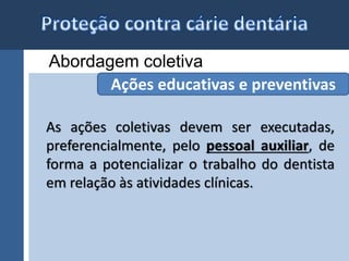 Abordagem coletiva 
Ações educativas e preventivas 
As ações coletivas devem ser executadas, 
preferencialmente, pelo pessoal auxiliar, de 
forma a potencializar o trabalho do dentista 
em relação às atividades clínicas. 
 
