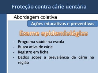 Abordagem coletiva 
Ações educativas e preventivas 
- Programa saúde na escola 
- Busca ativa de cárie 
- Registro em ficha 
- Dados sobre a prevalência de cárie na 
região 
 