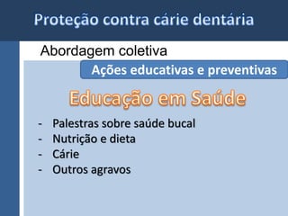 Abordagem coletiva 
Ações educativas e preventivas 
- Palestras sobre saúde bucal 
- Nutrição e dieta 
- Cárie 
- Outros agravos 
 