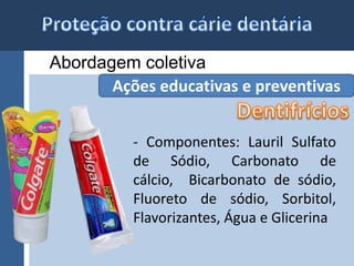 Abordagem coletiva 
Ações educativas e preventivas 
- Componentes: Lauril Sulfato 
de Sódio, Carbonato de 
cálcio, Bicarbonato de sódio, 
Fluoreto de sódio, Sorbitol, 
Flavorizantes, Água e Glicerina 
 