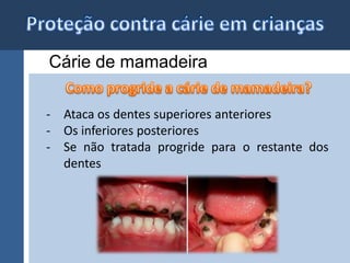 Cárie de mamadeira 
- Ataca os dentes superiores anteriores 
- Os inferiores posteriores 
- Se não tratada progride para o restante dos 
dentes 
 