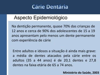 Aspecto Epidemiológico 
Na dentição permanente, quase 70% das crianças de 
12 anos e cerca de 90% dos adolescentes de 15 a 19 
anos apresentam pelo menos um dente permanente 
com experiência de cárie 
Entre adultos e idosos a situação é ainda mais grave: 
a média de dentes atacados pela cárie entre os 
adultos (35 a 44 anos) é de 20,1 dentes e 27,8 
dentes na faixa etária de 65 a 74 anos. 
Ministério do Saúde, 2003 
 