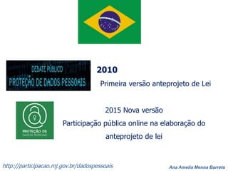 Ana Amelia Menna Barreto
2010
Primeira versão anteprojeto de Lei
http://participacao.mj.gov.br/dadospessoais
2015 Nova versão
Participação pública online na elaboração do
anteprojeto de lei
 