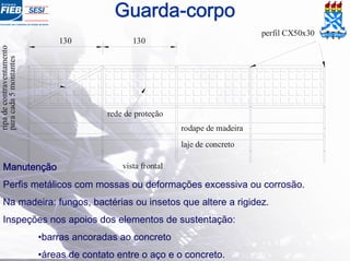 Guarda-corpo
perfil CX50x30 (metalon)
130 130
vista frontal
rodape de madeira
laje de concreto
paracada5montantes
rede de proteção
ripadecontraventamento
Manutenção
Perfis metálicos com mossas ou deformações excessiva ou corrosão.
Na madeira: fungos, bactérias ou insetos que altere a rigidez.
Inspeções nos apoios dos elementos de sustentação:
•barras ancoradas ao concreto
•áreas de contato entre o aço e o concreto.
 