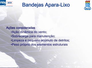 Ações consideradas
•Ação dinâmica do vento;
•Sobrecarga para manutenção;
•Limpeza e pequeno acúmulo de detritos;
•Peso próprio dos elementos estruturais
Bandejas Apara-Lixo
 