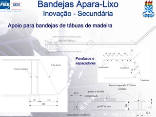 Bandejas Apara-Lixo
Inovação - Secundária
Apoio para bandejas de tábuas de madeira
Escoras metálicas
220
80 140
Cabo de aço
porca e arruela
soldada
50
12,5
compensado
perfil de aço
barra rosqueada 12,5mm
espaçadores soldados
62,5
2
45 45
25
50
15
3030 30
3 espaçadores 4 parafusos
2 parafusos
Parafusos e
espaçadores
 
