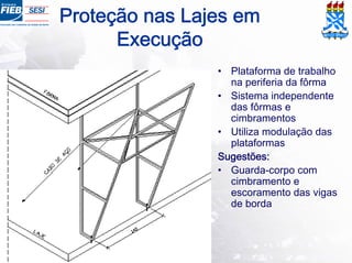 Proteção nas Lajes em
Execução
• Plataforma de trabalho
na periferia da fôrma
• Sistema independente
das fôrmas e
cimbramentos
• Utiliza modulação das
plataformas
Sugestões:
• Guarda-corpo com
cimbramento e
escoramento das vigas
de borda
 