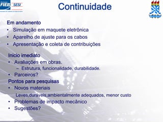Em andamento
• Simulação em maquete eletrônica
• Aparelho de ajuste para os cabos
• Apresentação e coleta de contribuições
Inicio imediato
• Avaliações em obras.
– Estrutura, funcionalidade, durabilidade.
• Parceiros?
Pontos para pesquisas
• Novos materiais
Leves,duráveis,ambientalmente adequados, menor custo
• Problemas de impacto mecânico
• Sugestões?
Continuidade
 