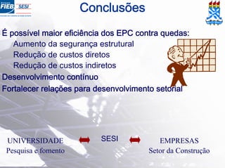 Conclusões
É possível maior eficiência dos EPC contra quedas:
Aumento da segurança estrutural
Redução de custos diretos
Redução de custos indiretos
Desenvolvimento contínuo
Fortalecer relações para desenvolvimento setorial
UNIVERSIDADE
Pesquisa e fomento
EMPRESAS
Setor da Construção
SESI
 