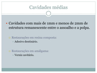 Cavidades médias


 Cavidades com mais de 1mm e menos de 2mm de
 estrutura remanescente entre o assoalho e a polpa.

    Restaurações em resina composta:
        Adesivo dentinário.


    Restaurações em amálgama:
        Verniz cavitário.
 