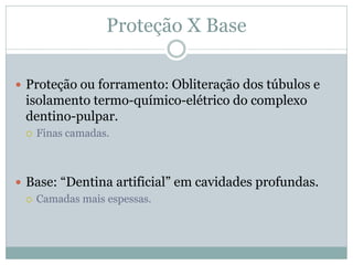 Proteção X Base

 Proteção ou forramento: Obliteração dos túbulos e
 isolamento termo-químico-elétrico do complexo
 dentino-pulpar.
    Finas camadas.



 Base: “Dentina artificial” em cavidades profundas.
   Camadas mais espessas.
 