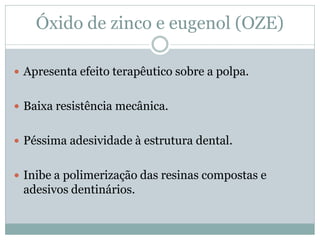 Óxido de zinco e eugenol (OZE)

 Apresenta efeito terapêutico sobre a polpa.


 Baixa resistência mecânica.


 Péssima adesividade à estrutura dental.


 Inibe a polimerização das resinas compostas e
 adesivos dentinários.
 