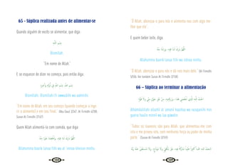 106 107
65 - Súplica realizada antes de alimentar-se
Quando alguém de vocês se alimentar, que diga:
ِ‫ﻪ‬‫ـ‬َّ‫ﻟﻠ‬‫ا‬ ِ‫ﻢ‬ ْ‫ِﺴ‬‫ﺑ‬
Bismillah.
“Em nome de Allah.”
E se esquecer de dizer no começo, pois então diga:
ِ‫ﻩ‬ِ‫ﺮ‬ِ‫ﺧ‬ٓ‫ا‬َ‫و‬ ِ ِ‫َّهل‬‫و‬َٔ‫ا‬ ِ
‫ﰲ‬ ِ َّ
‫اهلل‬ ِ‫ﻢ‬ ْ‫ِﺴ‬‫ﺑ‬ .ِ َّ
‫اهلل‬ ِ‫ﻢ‬ ْ‫ِﺴ‬‫ﺑ‬
Bismillahi. Bismillahi fii awwuálihi wa aakhírihi.
“Em nome de Allah, em seu começo (quando começar a inge-
rir o alimento) e em seu final.” {Abu Daud 3/347; At-Tirmidhi 4/288;
Sunan At-Tirmidhi 2/167}
Quem Allah alimentá-lo com comida, que diga:
ُ‫ﻪ‬ْ‫ﻨ‬ِ‫ﻣ‬ ‫ا‬ ْ
‫ﲑ‬َ‫ﺧ‬ ‫َﺎ‬‫ﻨ‬ْ‫ﻤ‬ِ‫ﻌ‬ ْ‫ﻃ‬ٔ‫ا‬َ‫و‬ ،ِ‫ﻪ‬ْ‫ﻴ‬ِ‫ﻓ‬ ‫ﺎ‬َ‫ـ‬‫ﻨ‬َ‫ﻟ‬ ْ‫ك‬ِ‫ر‬ َ‫اب‬ َّ‫ﻢ‬ُ‫ﻬ‬َّ‫ﻟﻠ‬‫ا‬
Allahumma baarik lanaa fiihi wa at ‘imnaa kheiran minhu.
“Ó Allah, abençoa-o para nós e alimenta-nos com algo me-
lhor que ele”.
E quem beber leite, diga:
ُ‫ﻪ‬ْ‫ﻨ‬ِ‫ﻣ‬ َ‫ان‬ْ‫د‬ِ‫ز‬َ‫و‬ ،ِ‫ﻪ‬ْ‫ﻴ‬ِ‫ﻓ‬ ‫َﺎ‬‫ﻨ‬‫ـ‬َ‫ﻟ‬ ْ‫ك‬ِ‫ر‬ َ‫اب‬ َّ‫ﻢ‬ُ‫ﻬ‬َّ‫ﻟﻠ‬‫ا‬
Allahumma baarik lanaa fiihi wa zidnaa minhu.
“Ó Allah, abençoa-o para nós e dá-nos mais dele.” {At-Tirmidhi
5/506. Ver também Sunan At-Tirmidhi 3/158}
66 – Súplica ao terminar a alimentação
ٍ‫ة‬َّ‫ﻮ‬ُ‫ﻗ‬ َ‫َﻻ‬‫و‬ ِّ
‫ﲏ‬ِ‫ﻣ‬ ٍ‫ﻮْل‬َ‫ﺣ‬ ِ ْ
‫ﲑ‬َ‫ﻏ‬ ْ‫ﻦ‬ِ‫ﻣ‬ ،ِ‫ﻪ‬‫ﻴ‬ِ‫ﻨ‬َ‫ﻗ‬َ‫ز‬َ‫ر‬َ‫و‬ ،‫ا‬َ‫ﺬ‬َ‫ﻫ‬ ِ
‫َﲏ‬‫ﻤ‬َ‫ﻌ‬ ْ‫ﻃ‬ٔ‫ا‬ ‫ِي‬ َّ
‫اذل‬ ِ‫ﻪ‬‫ـ‬َّ‫ﻠ‬ِ‫ﻟ‬ ُ‫ْﺪ‬‫ﻤ‬‫ـ‬َ‫اﳊ‬
Alhámdulillahi allazhíí at ’amaníí haazhaa wa razaqaniihi min
gueira haulin minníí wa laa qúwatin.
“Todos os louvores são para Allah. que alimentou-me com
isto e me proveu isto, sem nenhuma força ou poder de minha
parte.” {Sunan At-Tirmidhi 3/159}
‫َﺎ‬‫ﻨ‬َّ‫ﺑ‬َ‫ر‬ ُ‫ﻪ‬ْ‫ﻨ‬َ‫ﻋ‬ ً َ
‫ﲎ‬ْ‫ﻐ‬َ‫ﺘ‬ ْ
‫ـ‬‫ﺴ‬ُ‫ﻣ‬ َ‫َﻻ‬‫و‬ ،ٍ‫ع‬َّ‫د‬َ‫ﻮ‬ُ‫ﻣ‬ َ‫َﻻ‬‫و‬ ٍّ‫ﻲ‬ِ‫ﻔ‬ْ‫َﻜ‬‫ﻣ‬ َ ْ
‫ﲑ‬َ‫ﻏ‬ ،ِ‫ﻪ‬‫ﻴ‬ِ‫ﻓ‬ ً‫َﰷ‬‫ر‬‫َﺎ‬‫ﺒ‬ُ‫ﻣ‬ ً‫ﺒﺎ‬ِّ‫ﻴ‬َ‫ﻃ‬ ً‫ا‬‫ﲑ‬ِ‫ﺜ‬َ‫ﻛ‬ ً‫ْﺪا‬ َ
‫ﲪ‬ ِ‫ﻪ‬‫ﻟﻠـ‬ ُ‫ْﺪ‬‫ﻤ‬َ‫اﻟـﺤ‬
 