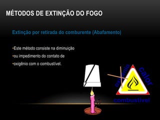 MÉTODOS DE EXTINÇÃO DO FOGO
Extinção por retirada do comburente (Abafamento)
•Este método consiste na diminuição
•ou impedimento do contato de
•oxigênio com o combustível.
combustível
 