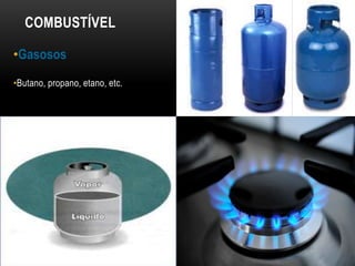 COMBUSTÍVEL
•Gasosos
•Butano, propano, etano, etc.
 