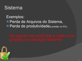 Sistema Exemplos: Perda de Arquivos do Sistema, Perda de produtividade (Lentidão no PC), Há que ter em conta que a cada vírus propõe uma situação diferente. 