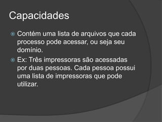 Capacidades
 Contém uma lista de arquivos que cada
processo pode acessar, ou seja seu
domínio.
 Ex: Três impressoras são acessadas
por duas pessoas. Cada pessoa possui
uma lista de impressoras que pode
utilizar.
 