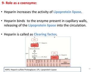 9- Role as a coenzyme:
• Heparin increases the activity of Lipoprotein lipase.
• Heparin binds to the enzyme present in capillary walls,
releasing of the Lipoprotein lipase into the circulation.
• Heparin is called as Clearing factor.
HSPG: Heparin sulfate Proteoglycan; LPL: Lipoprotein Lipase
14
 