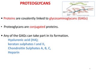 PROTEOGLYCANS
• Proteins are covalently linked to glycosaminoglycans (GAGs)
• Proteoglycans are conjugated proteins.
• Any of the GAGs can take part in its formation.
Hyaluronic acid (HA);
keratan sulphates I and II,
Chondroitin Sulphates A, B, C,
Heparin
4
 