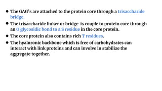 ● The GAG’s are attached to the protein core through a trisaccharide
bridge.
● The trisaccharide linker or bridge is couple to protein core through
an O glycosidic bond to a S residue in the core protein.
● The core protein also contains rich T residues.
● The hyaluronic backbone which is free of carbohydrates can
interact with link proteins and can involve in stabilize the
aggregate together.
 