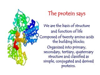 The protein says

  We are the basis of structure
       and function of life
Composed of twenty amino acids
        the building blocks;
    Organized into primary,
  secondary, tertiary, quaternary
     structure and classified as
  simple, conjugated and derived
             proteins.
 