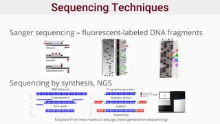 Sequencing Techniques
Sanger sequencing – fluorescent-labeled DNA fragments
Sequencing by synthesis, NGS
Adapted from http://web.uri.edu/gsc/next-generation-sequencing/
 