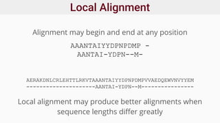 Local Alignment
Alignment may begin and end at any position
AAANTAIYYDPNPDMP -
AANTAI-YDPN--M-
AERAKDNLCRLEHTTLRKVTAAANTAIYYDPNPDMPVVAEDQEWVNVYYEM
---------------------AANTAI-YDPN--M----------------
Local alignment may produce better alignments when
sequence lengths differ greatly
 