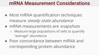 mRNA Measurement Considerations
● Most mRNA quantification techniques
measure steady state abundance
● mRNA measurements are snapshots
○ Measure large populations of cells to quantify
“average” abundance
● Poor concordance between mRNA and
corresponding protein abundance
 