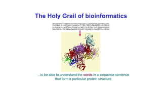 The Holy Grail of bioinformatics
...to be able to understand the words in a sequence sentence
that form a particular protein structure
 