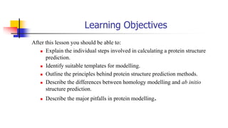 Learning Objectives
After this lesson you should be able to:
◼ Explain the individual steps involved in calculating a protein structure
prediction.
◼ Identify suitable templates for modelling.
◼ Outline the principles behind protein structure prediction methods.
◼ Describe the differences between homology modelling and ab initio
structure prediction.
◼ Describe the major pitfalls in protein modelling.
 