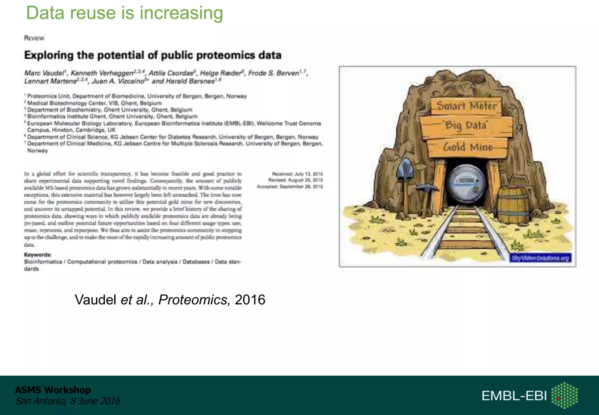 ASMS Workshop
San Antonio, 8 June 2016
Data reuse is increasing
Vaudel et al., Proteomics, 2016
 