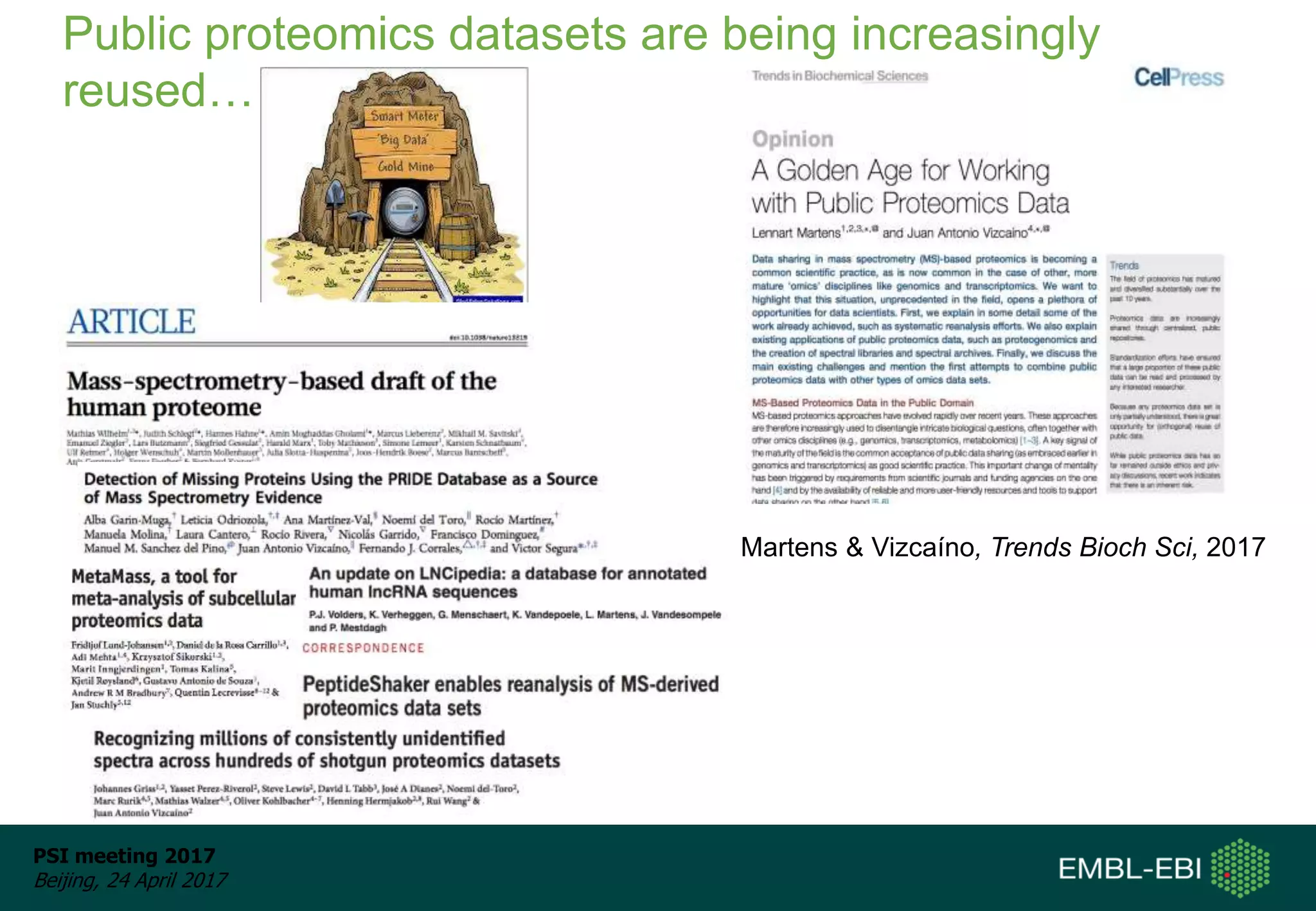 PSI meeting 2017
Beijing, 24 April 2017
Public proteomics datasets are being increasingly
reused…
Martens & Vizcaíno, Trends Bioch Sci, 2017
 