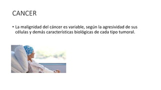 CANCER
• La malignidad del cáncer es variable, según la agresividad de sus
células y demás características biológicas de cada tipo tumoral.
 
