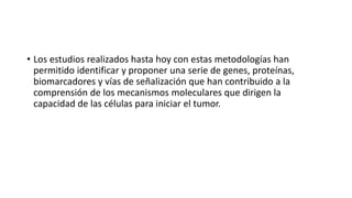 • Los estudios realizados hasta hoy con estas metodologías han
permitido identificar y proponer una serie de genes, proteínas,
biomarcadores y vías de señalización que han contribuido a la
comprensión de los mecanismos moleculares que dirigen la
capacidad de las células para iniciar el tumor.
 