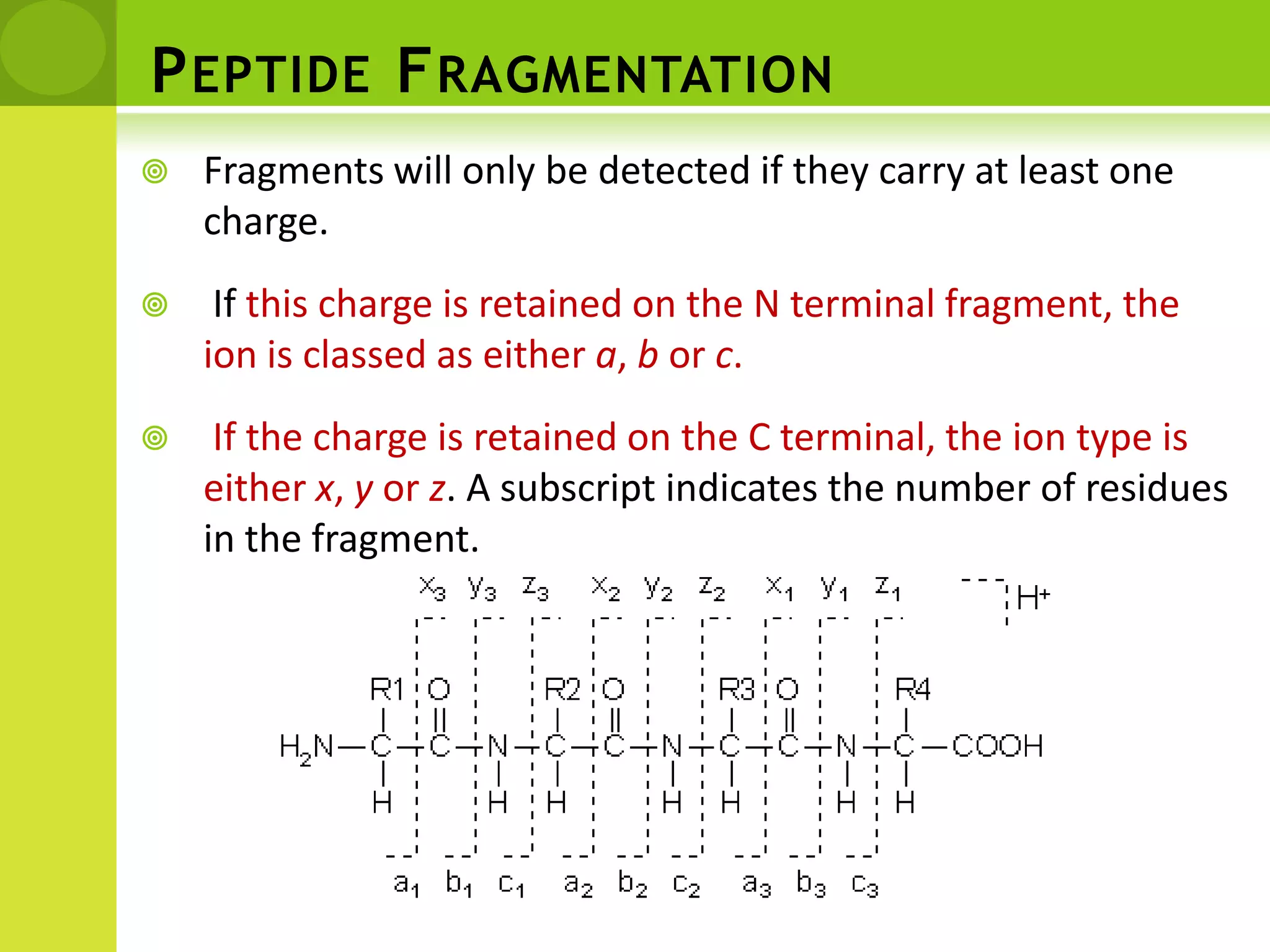 The types of fragment ions observed in an MS/MS spectrum depend on many factors including primary sequence, the amount of internal energy, how the energy was introduced, charge state, etc.Peptide FragmentationFragments will only be detected if they carry at least one charge. If this charge is retained on the N terminal fragment, the ion is classed as either a, b or c.If the charge is retained on the C terminal, the ion type is either x, y or z. A subscript indicates the number of residues in the fragment.