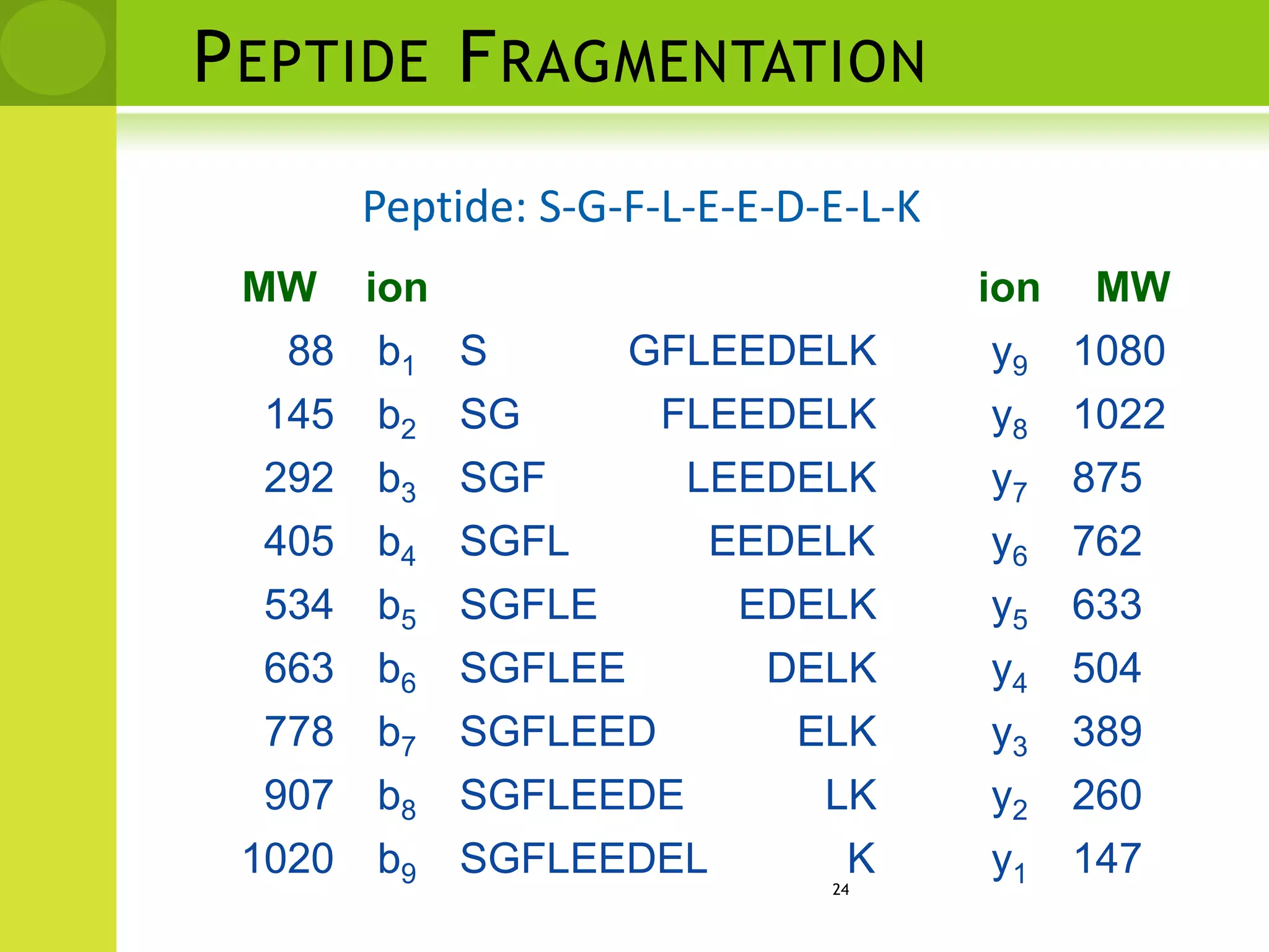 Peptide FragmentationPeptide: S-G-F-L-E-E-D-E-L-K24