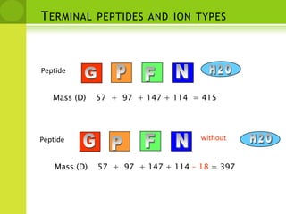 Terminal peptides and ion typesPeptideH2OPNGFMass (D)    57  +  97  + 147 + 114  = 415withoutGFN  PeptideH2OPMass (D)    57  +  97  + 147 + 114 – 18 = 397
