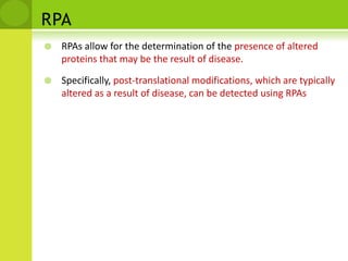 Functional protein microarraysFunctional protein microarrays differ from analytical arrays in that functional protein arrays are composed of arrays containing full-length functional proteins or protein domains.These protein chips are used to study the biochemical activities of an entire proteome in a single experiment. They are used to study numerous protein interactions, such as protein-protein, protein-DNA, protein-RNA, protein-phospholipid, and protein-small molecule interactions