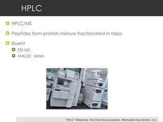 HPLC HPLC/MS  Peptides from protein mixture fractionated in steps  Eluent  ESI-MS MALDI:  series ” HPLC"  Wikipedia, The Free Encyclopedia . Wikimedia Foundation, Inc. 