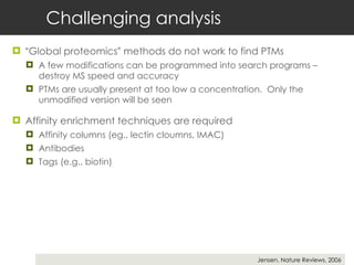 Challenging analysis “ Global proteomics ”  methods do not work to find PTMs A few modifications can be programmed into search programs – destroy MS speed and accuracy PTMs are usually present at too low a concentration.  Only the unmodified version will be seen Affinity enrichment techniques are required Affinity columns (eg., lectin cloumns, IMAC) Antibodies Tags (e.g., biotin) Jensen, Nature Reviews, 2006 