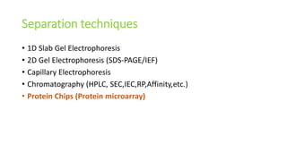 Separation techniques
• 1D Slab Gel Electrophoresis
• 2D Gel Electrophoresis (SDS-PAGE/IEF)
• Capillary Electrophoresis
• Chromatography (HPLC, SEC,IEC,RP,Affinity,etc.)
• Protein Chips (Protein microarray)
 