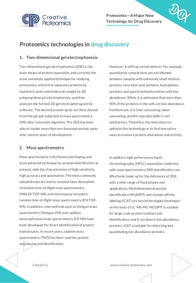 Proteomics technologies in drug discovery
1. Two-dimensional gel electrophoresis
Two-dimensional gel electrophoresis (2DE) is the
main means of protein separation and currently the
most commonly applied technique for studying
proteomics, which first separates proteins by
isoelectric point and molecular weight by 2D
polypropylene gel electrophoresis, and then
analyzes the formed 2D gel electropherogram by
software. The desired protein spots are then cleaved
from the gel and subjected to mass spectrometry
(MS) after enzymatic digestion. The 2DE has been
able to isolate more than one thousand protein spots
after several years of development.
However, it still has certain defects. For example,
quantitative comparisons are not allowed
between samples with extremely small minimal
proteins, very basic acid proteins, hydrophobic
proteins, and poorly isolated proteins with low
abundance. While, it is estimated that more than
50% of the proteins in the cells are low abundance.
Furthermore, it is time-consuming, labor-
consuming, and the reproducibility is not
satisfactory. Therefore, the next step is to
optimize the technology or to find innovative
ways to measure protein abundance and activity.
2. Mass spectrometry
Mass spectrometry is the fastest developing and
most potential technique for protein identification at
present, with the characteristics of high sensitivity,
high accuracy and automation. The most commonly
adopted ones are matrix-assisted laser desorption
ionization time-of-flight mass spectrometry
(MALDI-TOF-MS) and electrospray ionization
tandem time-of-flight mass spectrometry (ESI-TOF-
MS). In addition, new methods such as shotgun mass
spectrometry (Shotgun-MS) and capillary
electrophoresis-mass spectrometry (CE-MS) have
been developed for direct identification of protein
hydrolysates. In recent years, tandem mass
spectrometry (TMS) has been used for protein
sequencing and identification.
In addition, high performance liquid
chromatography (HPLC) separation combined
with mass spectrometry (MS) identification can
effectively make up for the deficiency of 2DE,
with a wide range of fixed phases and
applications. Multidimensional protein
identification (MUDPIT) and isotope affinity
labeling (ICAT) are two technologies developed
on the basis of LC-MS-MS. MUDPIT is suitable
for large-scale protein isolation and
identification, and it can detect low-abundance
proteins. ICAT is suitable for detecting and
quantitating low abundance proteins.
www.creative-proteomics.com
Contact Us
Proteomics—A Major New
Technology for Drug Discovery
 