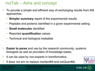 Juan A. Vizcaíno
juan@ebi.ac.uk
WT Proteomics Bioinformatics Course 2018
Hinxton, 18 July 2018
mzTab – Aims and concept
• To provide a simple and efficient way of exchanging results from MS
approaches.
• Simpler summary report of the experimental results
• Peptides and proteins identified in a given experimental setting
• Small molecules identified
• Reported quantification values
• Technical and biological metadata
• Easier to parse and use by the research community, systems
biologists as well as providers of knowledge bases.
• It can be used by non-experts in bioinformatics.
• It does not aim to replace mzIdentMl and mzQuantML
 