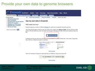 Juan A. Vizcaíno
juan@ebi.ac.uk
WT Proteomics Bioinformatics Course 2018
Hinxton, 18 July 2018
Provide your own data to genome browsers
 