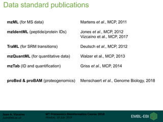 Juan A. Vizcaíno
juan@ebi.ac.uk
WT Proteomics Bioinformatics Course 2018
Hinxton, 18 July 2018
Data standard publications
mzML (for MS data) Martens et al., MCP, 2011
mzIdentML (peptide/protein IDs) Jones et al., MCP, 2012
Vizcaíno et al., MCP, 2017
TraML (for SRM transitions) Deutsch et al., MCP, 2012
mzQuantML (for quantitative data) Walzer et al., MCP, 2013
mzTab (ID and quantification) Griss et al., MCP, 2014
proBed & proBAM (proteogenomics) Menschaert et al., Genome Biology, 2018
 