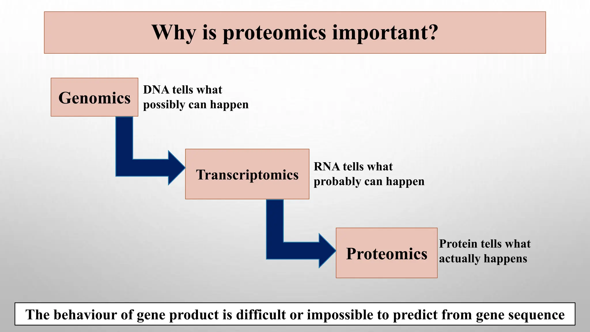 Why is proteomics important?
Genomics
Transcriptomics
DNA tells what
possibly can happen
Protein tells what
actually happens
RNA tells what
probably can happen
The behaviour of gene product is difficult or impossible to predict from gene sequence
Proteomics
 