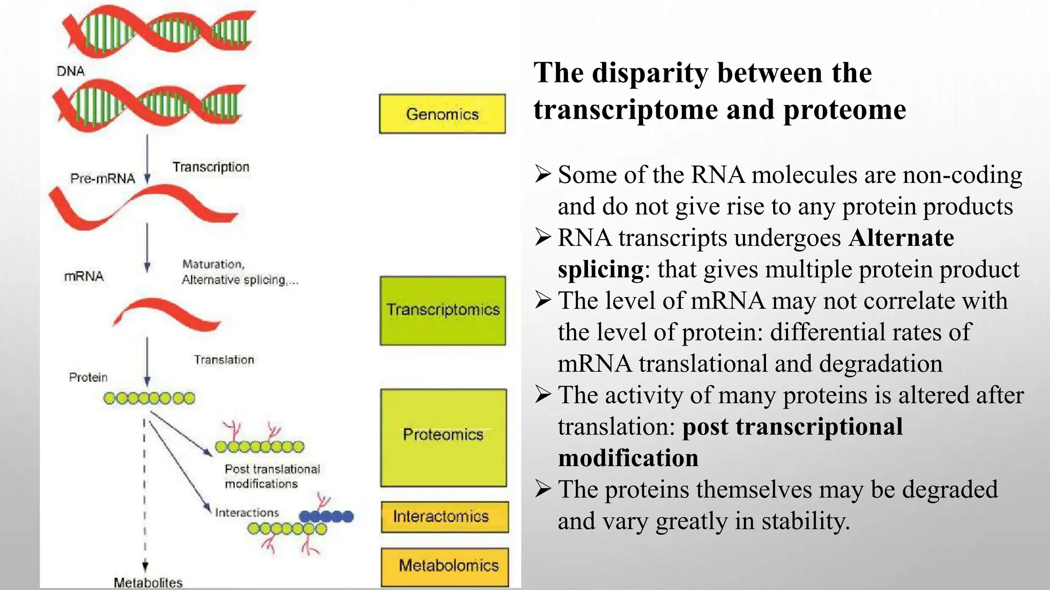 The disparity between the
transcriptome and proteome
Some of the RNA molecules are non-coding
and do not give rise to any protein products
RNA transcripts undergoes Alternate
splicing: that gives multiple protein product
The level of mRNA may not correlate with
the level of protein: differential rates of
mRNA translational and degradation
The activity of many proteins is altered after
translation: post transcriptional
modification
The proteins themselves may be degraded
and vary greatly in stability.
 